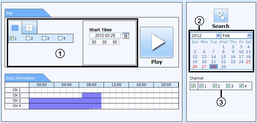 Fig 8-5 Time Search Interface Step2: The highlight date in the area2 indicates recorded data. Select the date in the area 2 and record channels in area3. Step3: Click Search button.