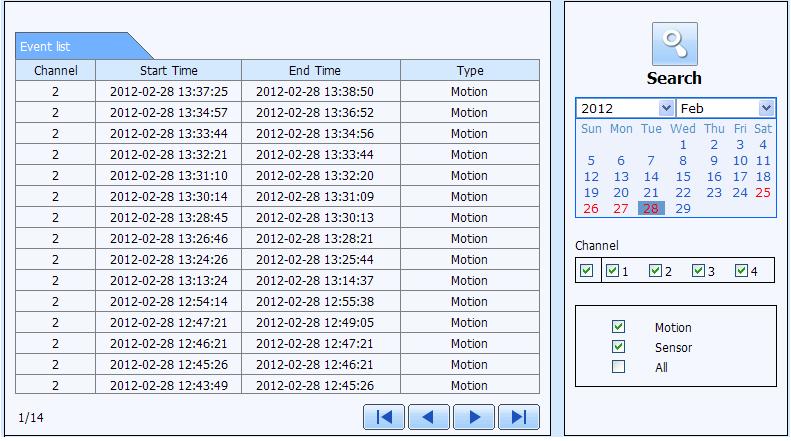 Fig 8-7 Event Search Interface Step 2: Click the highlight date and select record channels. Step 3: Checkmark the event type: motion and sensor.