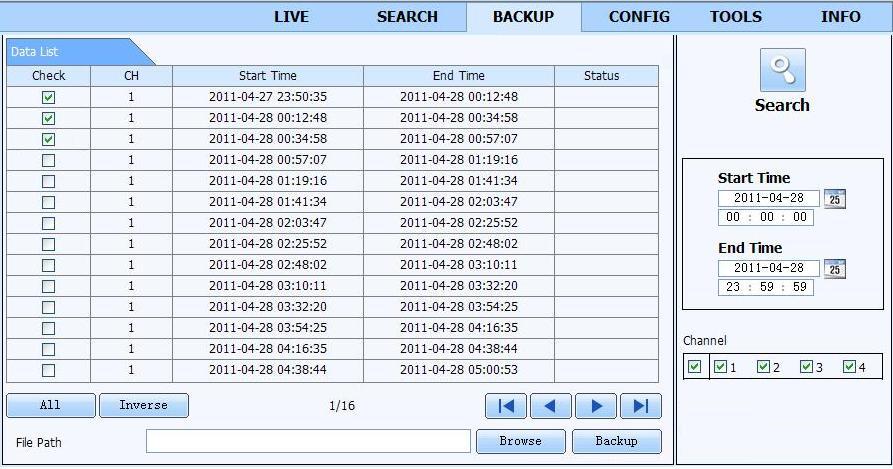 Fig 8-9 Remote Backup Interface Step1: Select channels, set the start and end time and then click search button to display the file information in the file list box Step2: Select backup files and