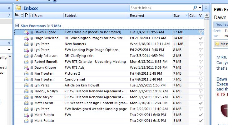 You can sort the inbox or folders in various ways of your choosing. 5. As you can see above, I have some very large emails. I am going to highlight all emails larger than 2 MB. a. You can click the top email and arrow down on the keyboard to select multiple emails b.