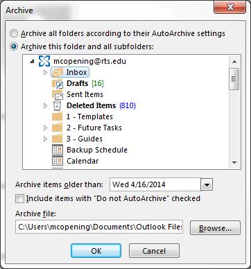 Archiving Mail Regardless of version (as outlined above) once you get into the archive process a window like the following is display: You have the option to run it based on your auto-archive