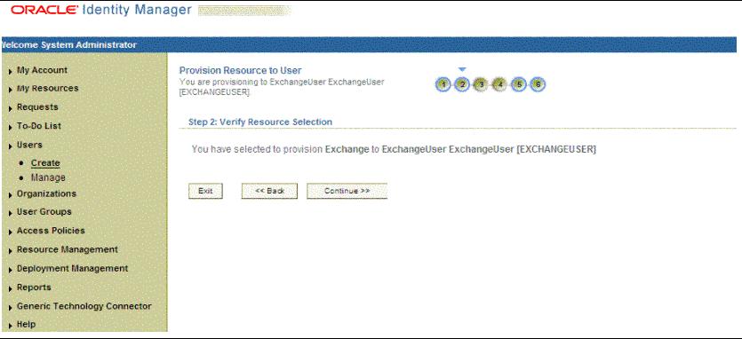 In the Provision Resource to User page, select Exchange from the list, and then click Continue.