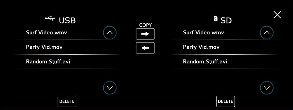FILE TRANSFER Move Files from USB input device to SD Card. Highlight file to be deleted or copied. USB 1 input is located in the starboard side helm storage.