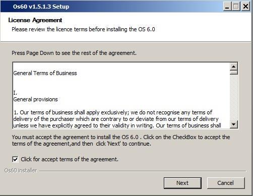 For starting the update, the license agreement must be accepted. Click on "Click for accept.