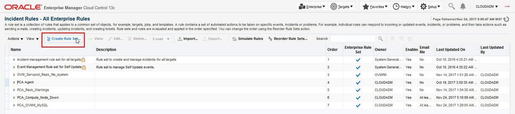 From the Oracle Enterprise Manager UI, navigate to Setup > Incidents > Incident Rules and click on Create Rule Set.