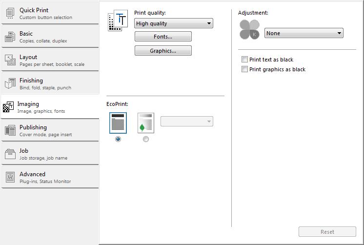 8 Imaging In the Imaging tab, you can manage print quality and grayscale settings. To return to the original settings, click Reset.