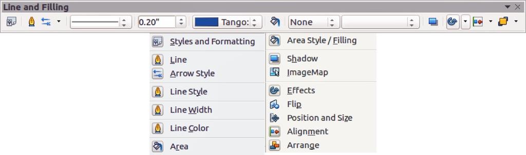 Editing objects To edit an object or change attributes such as color or border width, the Line and Filling toolbar, the Text Formatting toolbar, the Sidebar Properties section, or a context menu can