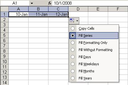 If you choose Copy Cells on the AutoFill Options menu, instead of extending the series, Excel copies the cells, repeating the pattern of selected cells as
