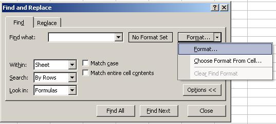 2.3 Finding and Replacing 2.3.1 Finding Formatting Excel provides a way to find cells based on formatting in conjunction with other criteria, and even to find and replace specifically formatted