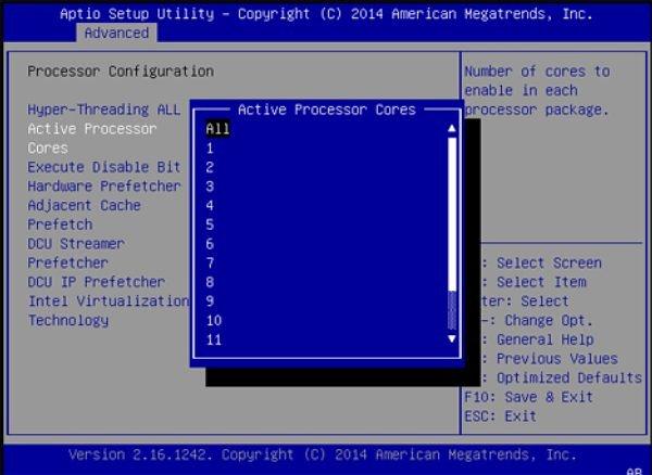 Configure Elastic Computing (BIOS Setup Utility) The Active Processor Cores dialog exits and the selected number of cores appears on the Advanced -> Processor Configuration screen. 4.