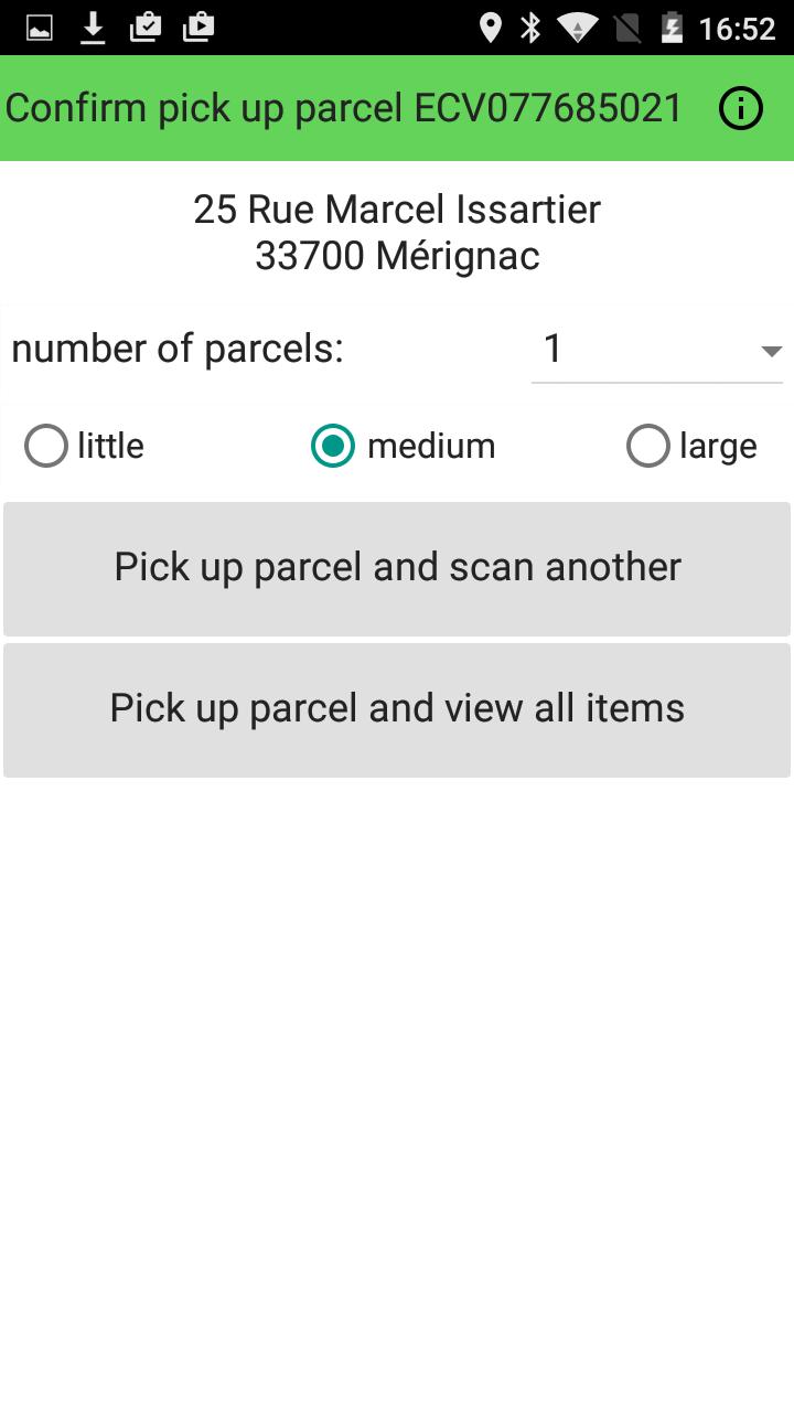 Transporter scan at the departure : pickup - CSP : user ID, parcel ID and localization - LIS : user ID, parcel ID and ID pozition The transporter