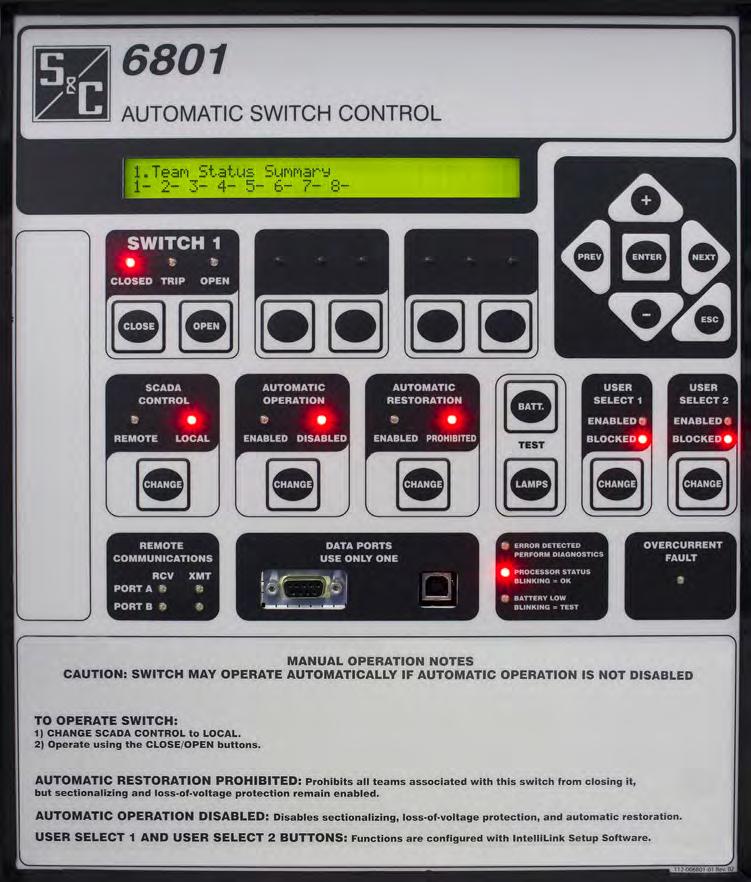 Operation Figure 2. The S&C 6801 Automatic Switch Control faceplate. Faceplate LED Indicators The faceplate includes the following LED Indicators. See Figure 2.
