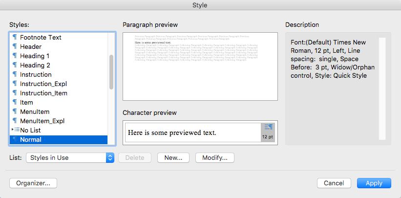 The Format > Style Dialog in Word Format Style.