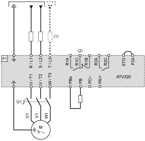 (1) Line choke (if used) (2) Fault relay contacts, for remote signaling of drive status Diagram with Switch Disconnect Connection diagrams conforming to