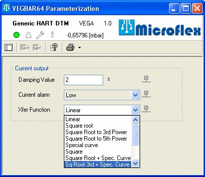 The parameters damping, current alarm and transfer function are configured for the output.