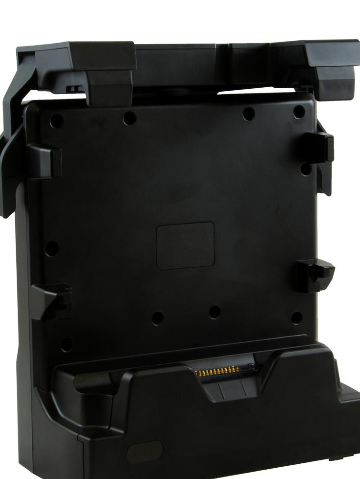 The standard four-hole pattern allows the docking station to be easily mounted in vehicles, forklifts, and carts.