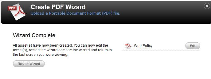 The PDF Wizard screen will appear showing the details and where the asset will be created, click on Create to complete the process. 4.