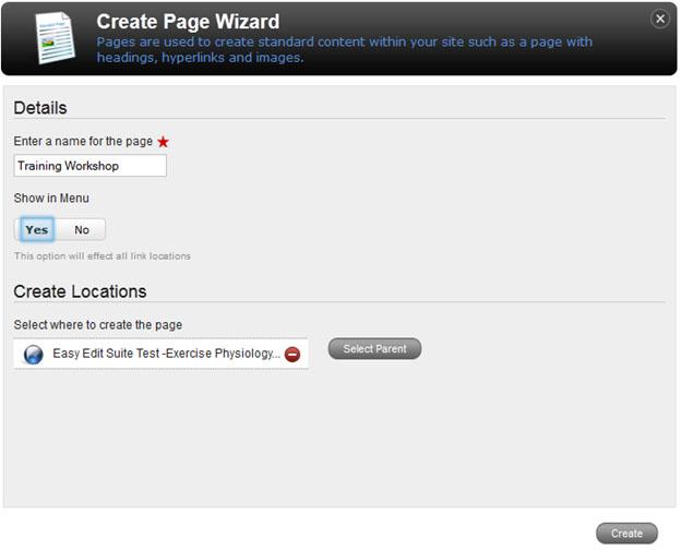5. The Create Page Wizard screen will appear showing where the asset will be created, click on Create to complete the process.