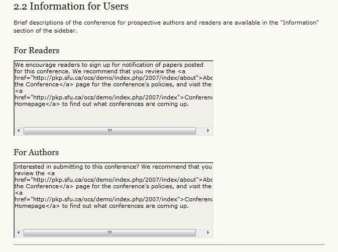 2 Information for Users By default, information for your Readers and Authors has been included in the system. This information appears in the "Information" section of the sidebar.