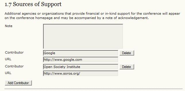 Figure 33: Sources of Support As with the Sponsoring Organizations above, you can add as many contributors as necessary, using the Add Contributor button.
