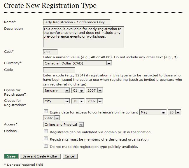 Figure 55: Registration Registration Types On the Registration page, choose Registration Types.