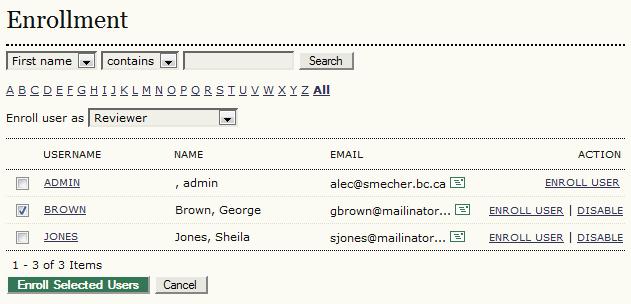 Figure 66: Enrol Existing User Email Users Returning to your list of user accounts, you can also take advantage of