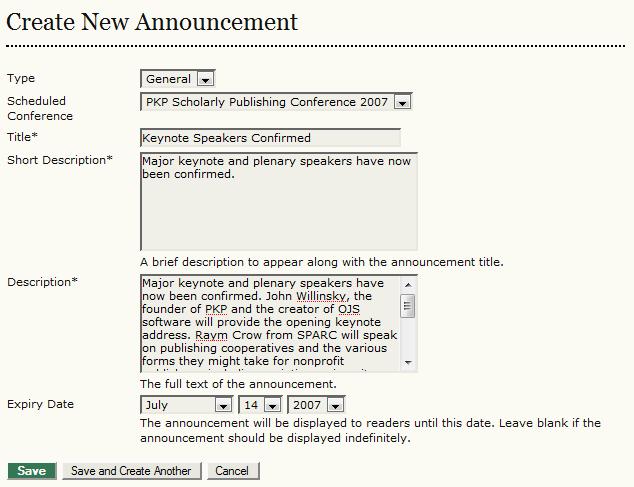 Figure 70: Create Announcement Type Next, you can create and post an announcement using Create New Announcement.