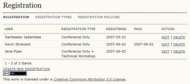 When logged in as a Conference Manager, the Registration Manager would choose Registrations from the user menu: Figure 82: Registration Management The resulting page will list all of the conference s