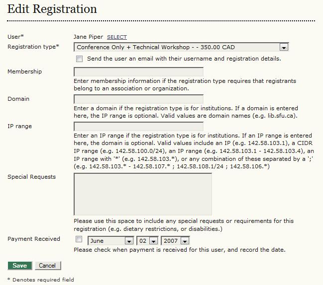 Figure 84: Registration Editing From here, you can change their Registration Type, send them an email with their username and registration details, enter any membership