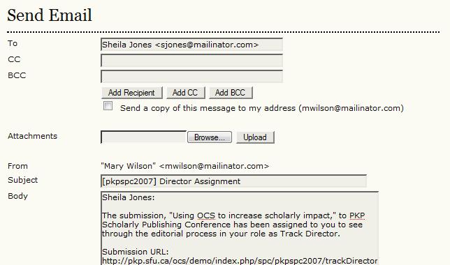 Figure 91: Send Mail Upon sending the message, the Track Director is now assigned to the submission.