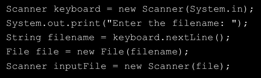 Reading Data From a File (2 of 3) The lines above: Creates an instance of the Scanner class to read from the keyboard Prompt the user for a filename