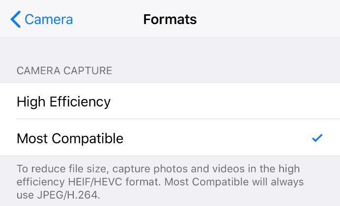 Tap Formats (newer iphones only), Change Camera Capture to Most Compatible. 2.