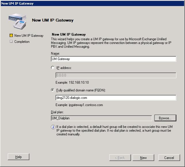 4.3 Adding a new UM Gateway: Select the UM IP Gateways tab on the Exchange Management Console. To create a new UM IP Gateway, select New UM IP Gateway from the Actions section.