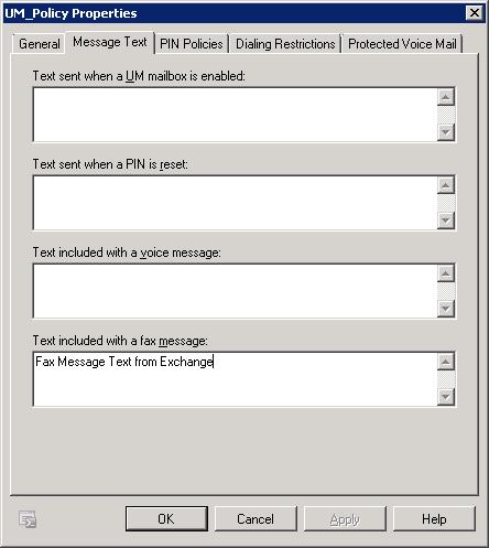 On the Message Text tab, the Exchange Administrator may add Text included with a fax message:.