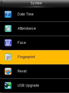 6.4 Fingerprint Parameters Press key to select Fingerprint and press [M/OK] to enter. Fingerprint interface shows as above figure 2.