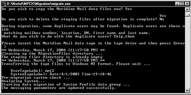 Migrating Meridian Mail data to CallPilot Standard 2.0 The following illustration is an example of screen that shows the pre-check (pre-migration system check) message.