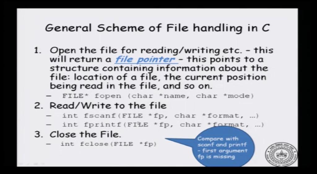 (Refer Slide Time: 05:30) So, we will look at the general scheme of file handling in C, all these functions that I am going to talk about are in stdio.h, itself.