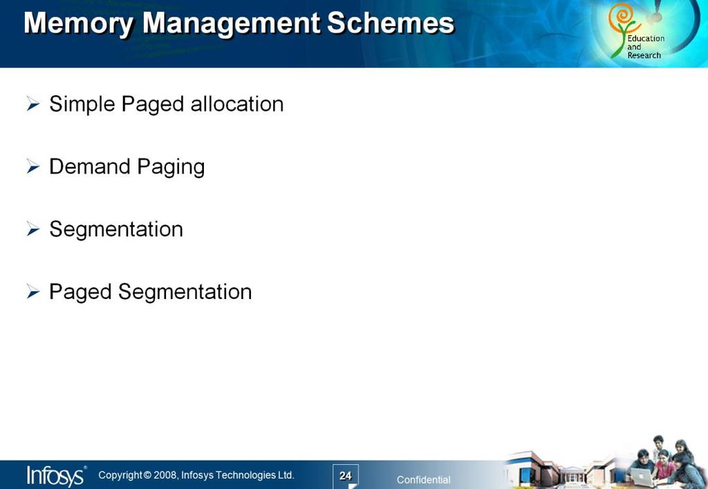 There are various memory management schemes as mentioned in the slide above. Each scheme has its own advantage and disadvantage.