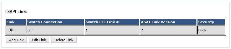 6.3. Administer TSAPI Link To administer a TSAPI link, select AE Services TSAPI TSAPI Links from the left pane of the Management Console. The TSAPI Links screen is displayed, as shown below.
