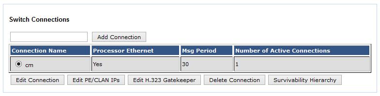 6.4. Administer H.323 Gatekeeper Select Communication Manager Interface Switch Connections from the left pane. The Switch Connections screen shows a listing of the existing switch connections.