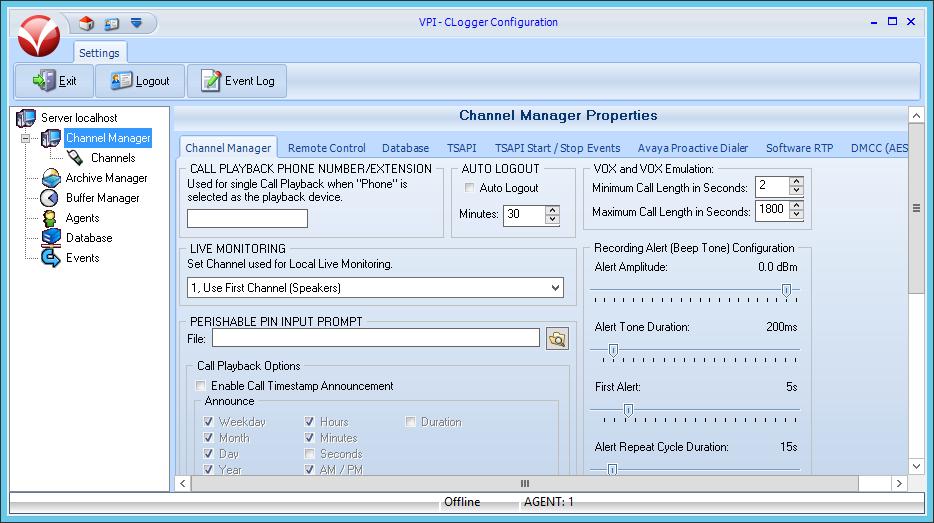 7.2. Administer Start/Stop Events The VPI - CLogger Configuration screen is displayed.