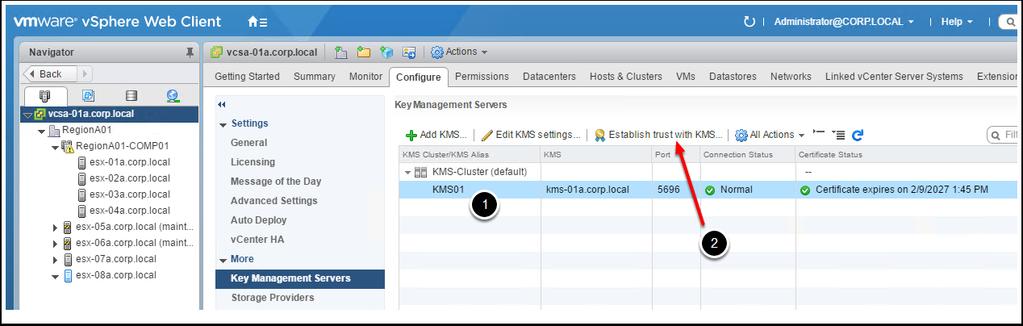 Establish Trust with Key Management Server After you add the KMS to the vcenter Server system, you must establish a trusted connection.