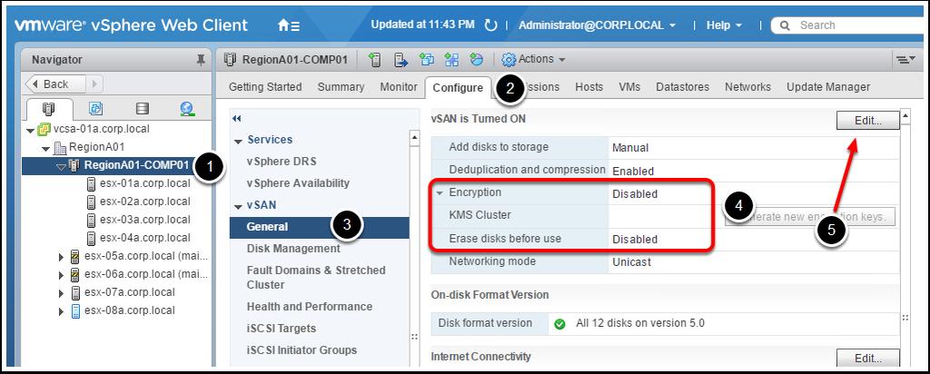 Turning on encryption is a simple matter of clicking a checkbox. Encryption can be enabled when vsan is enabled or after and with or without virtual machines (VMs) residing on the datastore.