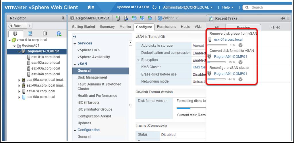 Enabling vsan Encryption You can monitor the vsan Encryption process from the Recent Tasks window.