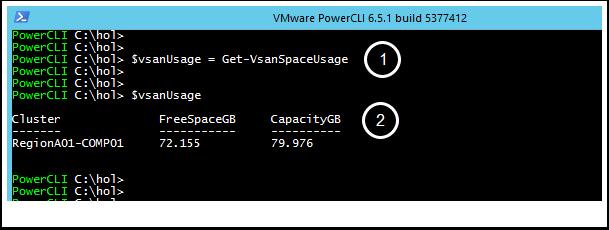 4. Examine the test result if desired (note that we receive a 'Warning' in our Lab since we are running vsan in a nested Virtualized Environment): $testvsan Get-VsanSpaceUsage Let's examine the
