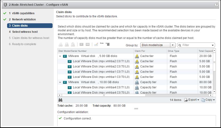 Claim Disks Disks will be selected for their appropriate role ( cache and capacity ) in the vsan cluster.