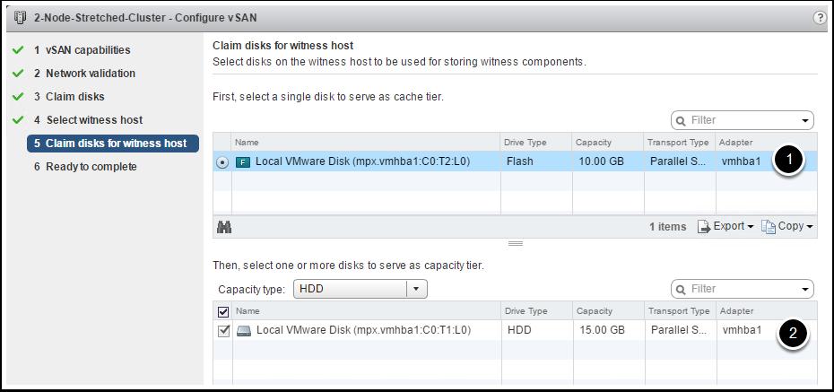 Claim Disks for Witness host Just like physical vsan hosts, the witness needs a cache tier and a capacity tier.