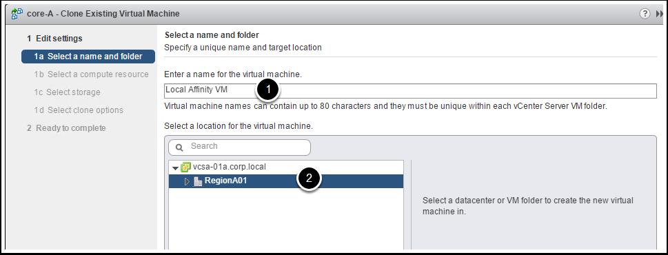 1. Expand the ESXi host called esx-07a.corp.local 2. Right click the VM called core-a 3. Select Clone 4.