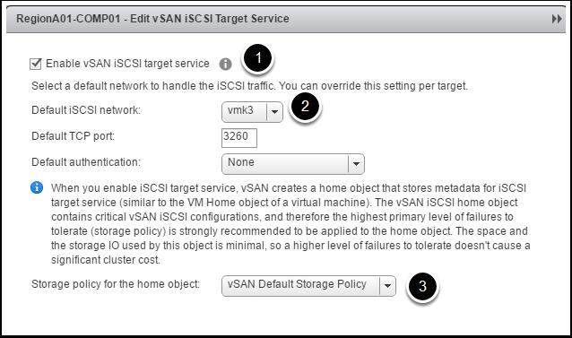 Enable iscsi Target Service on the vsan Cluster 1. Check Enable Virtual SAN iscsi Target Service 2. The Default iscsi network is vmk3 in our environment, so we can leave this as the default. 3.