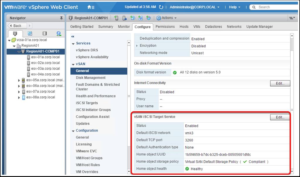 Enable iscsi Target Service on the vsan Cluster